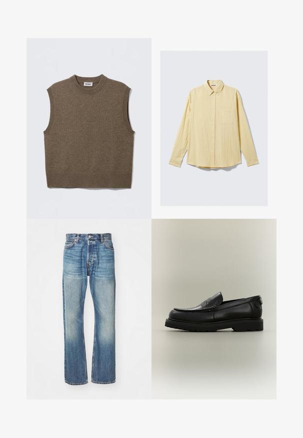 Suéter de punto marrón sin mangas con cuello redondo, bordes acanalados y textura suave; la etiqueta dice "WEEKDAY".; Camisa amarilla de manga larga con botones, hecha de tela texturizada, con un bolsillo en el pecho, cuello puntiagudo y dobladillo redondeado. Etiqueta de la marca visible.; Jeans de mezclilla azul claro con un diseño clásico de pierna recta, acabado desgastado y costuras visibles en toda su extensión. Presenta bolsillos frontales y trabillas para cinturón.; Mocasín de cuero negro con suela gruesa de goma, detalle de tira para moneda y diseño de puntera cosida estilo mocasín sobre un fondo neutro.