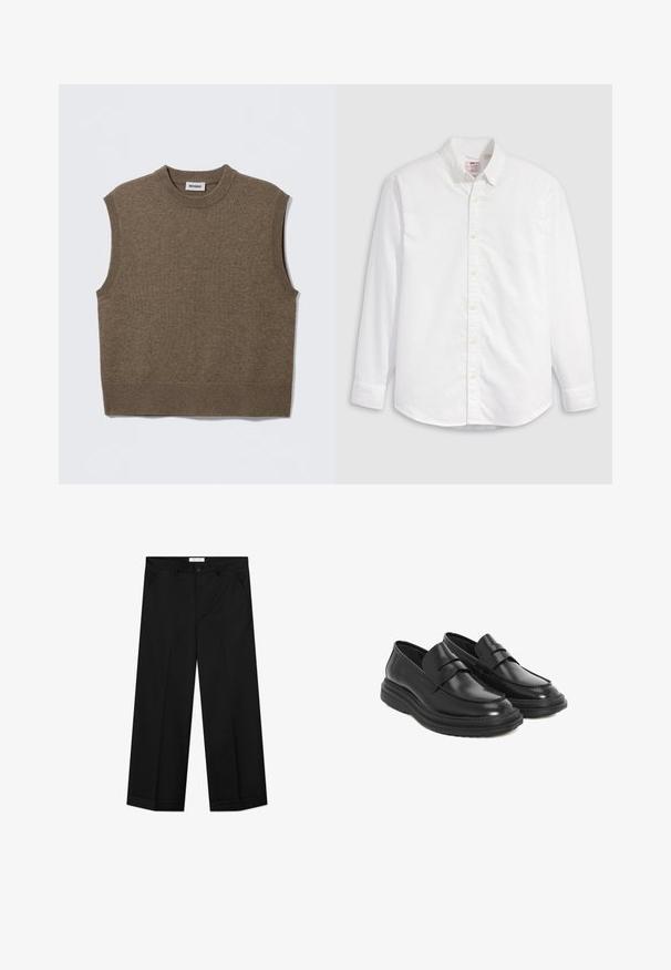 Pull sans manches marron en maille avec un col rond, des bords côtelés et une texture douce ; étiquette indiquant "WEEKDAY".; Chemise blanche à boutons en coton avec manches longues, col classique et ourlet arrondi. Dotée de boutons jaunes et d'un branding discret.; Pantalon noir à jambes larges en tissu lisse, doté de poches avant, d'une fermeture par bouton et d'un pli marqué sur chaque jambe.; Mocassins en cuir noir avec un bout arrondi, des coutures décoratives et une semelle en caoutchouc à plateforme. Présente une bandoulière décorative sur le devant.