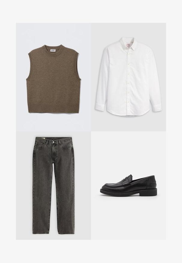 Pull sans manches marron en maille avec un col rond, des bords côtelés et une texture douce ; étiquette indiquant "WEEKDAY".; Chemise blanche à boutons en coton avec manches longues, col classique et ourlet arrondi. Dotée de boutons jaunes et d'un branding discret.; Jean droit noir délavé avec cinq poches, fermeture à bouton et passants de ceinture, posé à plat sur un fond blanc.; Mocassins en cuir noir avec un bout arrondi, des coutures ton sur ton et un détail de sangle à l'avant. Semelle en caoutchouc avec un petit talon.