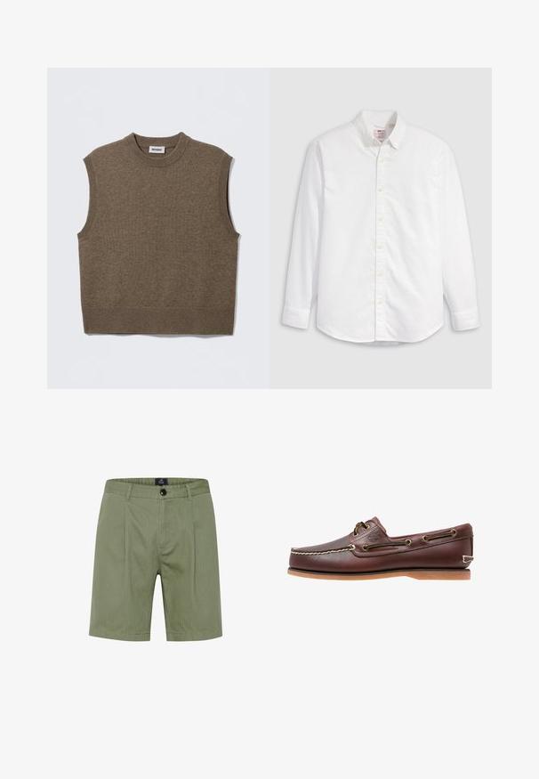 Suéter de punto marrón sin mangas con cuello redondo, bordes acanalados y textura suave; la etiqueta dice "WEEKDAY".; Camisa blanca de algodón con botones, de manga larga, cuello con solapa y dobladillo curvado. Presenta botones amarillos y una marca sutil.; Pantalones cortos verde oliva con un diseño a medida, que presentan un cierre de botón, bolsillos frontales y sutiles rayas verticales en una tela suave y texturizada.; Zapato náutico de cuero marrón con costuras blancas, detalles de cordones y suela de goma color coñac, mostrado de lado sobre un fondo blanco.