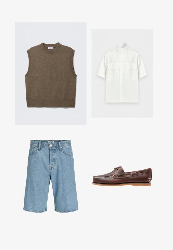 Pull sans manches marron en maille avec un col rond, des bords côtelés et une texture douce ; étiquette indiquant "WEEKDAY".; Chemise blanche à manches courtes avec col et deux poches à rabat sur le devant, présentée sur un fond clair uni.; Shorts en denim bleu clair avec bouton et fermeture éclair à l'avant, passants pour ceinture, et poches avant et arrière.; Chaussure bateau en cuir marron avec coutures blanches, détails de lacets et semelle en caoutchouc beige, vue de côté sur fond blanc.