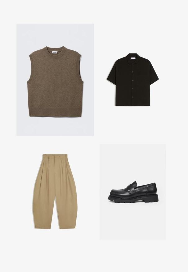 Pull sans manches marron en maille avec un col rond, des bords côtelés et une texture douce ; étiquette indiquant "WEEKDAY".; Chemise noire à manches courtes en tissu doux, avec un boutonnière à l'avant, un col et une poche poitrine unique. Design simple et épuré.; Pantalon beige taille haute à jambes larges avec plis sur le devant, fermeture éclair, bouton et passants pour ceinture.; Mocassin en cuir noir avec semelle épaisse crantée et détail de bride penny, présenté en profil droit sur fond blanc.
