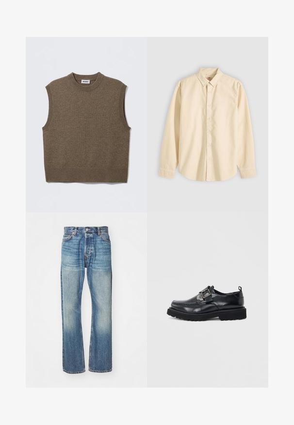 Suéter de punto marrón sin mangas con cuello redondo, bordes acanalados y textura suave; la etiqueta dice "WEEKDAY".; Camisa beige de manga larga con botones y cuello, mostrada plana con los botones abrochados y los puños cerrados sobre un fondo claro.; Jeans de mezclilla azul claro con un diseño clásico de pierna recta, acabado desgastado y costuras visibles en toda su extensión. Presenta bolsillos frontales y trabillas para cinturón.; Mocasín de cuero negro con suela gruesa y correa con hebilla plateada en el lateral sobre fondo blanco.