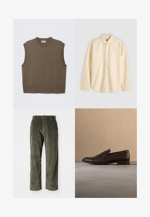 Brun ærmeløs strikket sweater med rund halsudskæring, ribbede kanter og blød tekstur; mærket siger "WEEKDAY".; Langærmet beige skjorte med knapper og krave, lagt fladt med knapperne lukket og manchetterne knappede på en lys baggrund.; Olivengrønne fløjlsbukser med lodrette ribber, der har knaplukning og lige ben. Blød tekstur med en klassisk pasform.; Mørkebrune læder loaferskørstøvler svæver over et beige tæppe med en buet beige sofa i baggrunden.