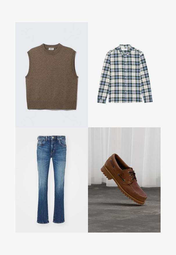 Suéter de punto marrón sin mangas con cuello redondo, bordes acanalados y textura suave; la etiqueta dice "WEEKDAY".; Camisa de cuadros verde y blanca con acentos azules, presenta un cuello de botón, mangas largas y un bolsillo en el pecho. Hecha de una tela suave.; Vaqueros de denim, lavado azul claro, diseño de pierna acampanada, cinco bolsillos, cierre con botón de metal y cremallera, patrones de desvanecimiento sutil, estilo casual.; Zapato náutico de cuero marrón con cordones negros, costuras beige y una suela resistente, suspendido sobre un suelo de hormigón gris.