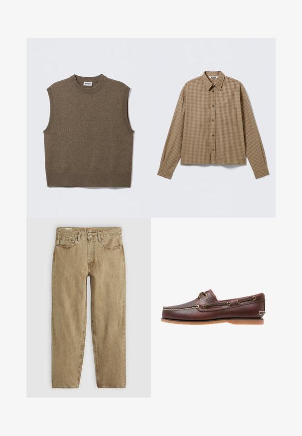 Brun ærmeløs strikket sweater med rund halsudskæring, ribbede kanter og blød tekstur; mærket siger "WEEKDAY".; Brun ternet skjorte med knapper, lange ærmer, krave og en enkelt brystlomme; har mørke knapper og et kort design.; Beige denimjeans med en afslappet pasform, fem-lomme design, synlige sømme og en let falmet tekstur; knap- og lynlås lukning.; Brun læder bådsko med hvide sømme, snøre detaljer og lysbrun gummisål, vist fra siden på hvid baggrund.