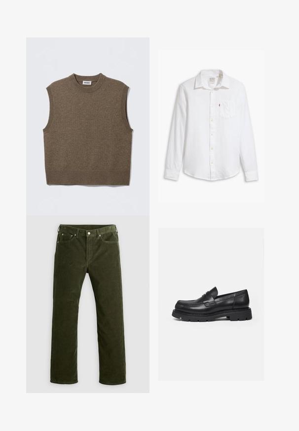Bruine mouwloze gebreide trui met een ronde halslijn, geribbelde randen en een zachte textuur; het label draagt de tekst "WEEKDAY."; Witte lange mouwen blouse van katoen. Heeft een kraag, een borstzak en gele knopen; gladde textuur en een getailleerde pasvorm.; Olijfgroene corduroy rechte pijpen broek met voorknop, ritssluiting, riemlussen en vijf-vakken ontwerp op een witte achtergrond.; Zwarte leren loafer met dikke geribbelde zool en pennyriemdetail, getoond in rechter zijprofiel op witte achtergrond.