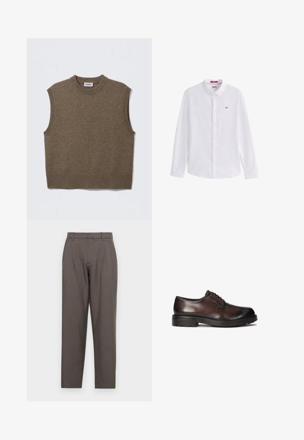 Pull sans manches marron en maille avec un col rond, des bords côtelés et une texture douce ; étiquette indiquant "WEEKDAY".; Chemise blanche à manches longues avec col et petit logo Tommy Jeans sur la poitrine gauche.; Jack & Jones Classic Wide Leg Fit - Pantalon classique - pavement; Chaussure habillée en cuir marron, à la finition lisse, au bout rond et au laçage. Équipée d'une semelle en caoutchouc noir robuste avec une bonne traction.