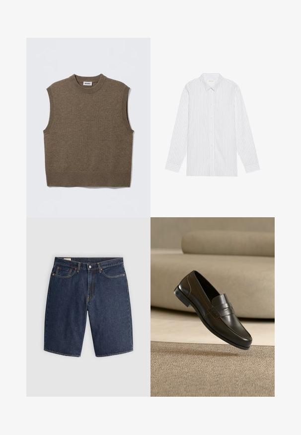 Brun ærmeløs strikket sweater med rund halsudskæring, ribbede kanter og blød tekstur; mærket siger "WEEKDAY".; Hvid skjorte med tynde sorte lodrette striber, med en klassisk krave og lange ærmer med knapmanchetter.; Mørkeblå denim shorts med et klassisk design, der har fem lommer, syninger, en knaplukning og buede baglommer.; Sort læderloafer med slankt design og dekorativ rem, vist over et struktureret beige tæppe og neutral sofa baggrund.