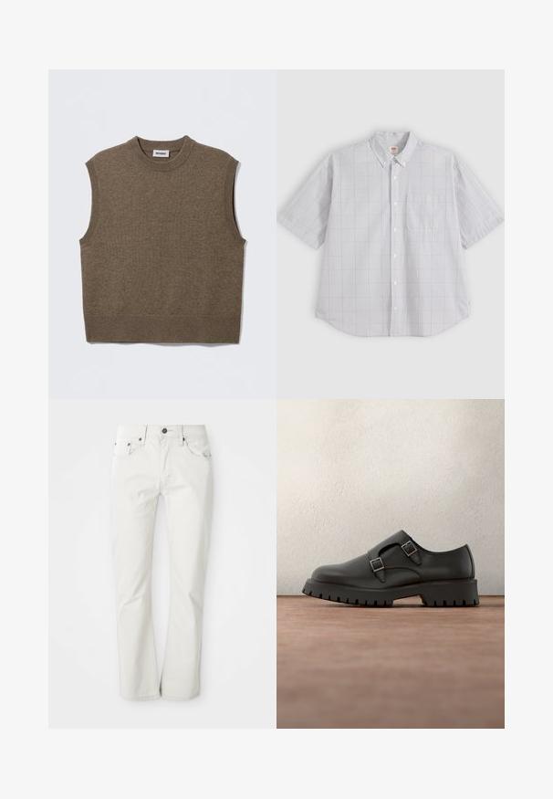 Brauner, ärmelloser Strickpullover mit rundem Ausschnitt, gerippten Kanten und weicher Textur; Etikett trägt die Aufschrift "WEEKDAY."; Hellgraues Kurzarmhemd mit Knopfleiste, dezent kariertem Muster, vorderer Brusttasche und Button-Down-Kragen.; Helle Jeans aus Baumwollmischung. Gerades Bein-Design mit Fünf-Taschen-Stil und Metallknopfverschluss. Glatte Textur.; Schwarzer Lederschuh mit doppelten Schnallenriemen, abgerundetem Zehenbereich und strukturierter, dicker Gummisohle. Minimalistisches Design mit kontrastierendem blauem Innenfutter.