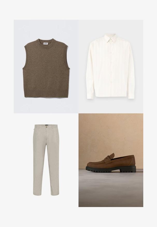 Suéter de punto marrón sin mangas con cuello redondo, bordes acanalados y textura suave; la etiqueta dice "WEEKDAY".; Camisa blanca de manga larga con botones, con sutiles rayas verticales y cuello punta, dispuesta plana sobre un fondo claro.; Pantalones de lino beige con un acabado texturizado, que cuentan con un diseño de pierna recta, dos bolsillos frontales y un cierre de botón en la cintura.; Mocasín de cuero marrón oscuro con suela gruesa de goma negra, mostrado sobre una alfombra beige y fondo de sofá.