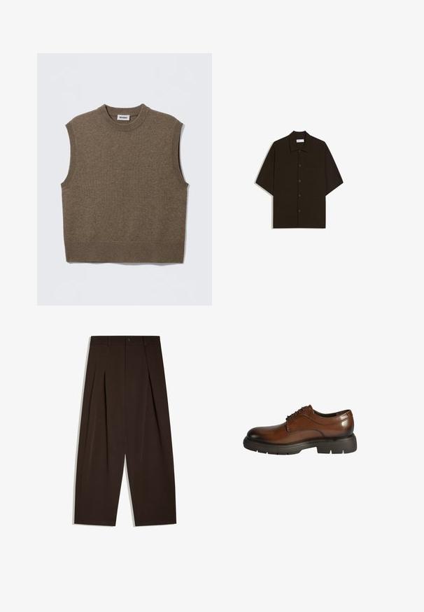Pull sans manches marron en maille avec un col rond, des bords côtelés et une texture douce ; étiquette indiquant "WEEKDAY".; Chemise à manches courtes marron foncé avec boutons, col et poche poitrine, posée à plat sur un fond blanc.; Pantalon large marron foncé taille haute avec plis devant, passants pour ceinture, fermeture par bouton et ourlets nets.; Chaussure habillée en cuir marron avec une finition lisse, un bout rond, un design à lacets et une semelle épaisse noire contrastante avec une bonne adhérence.