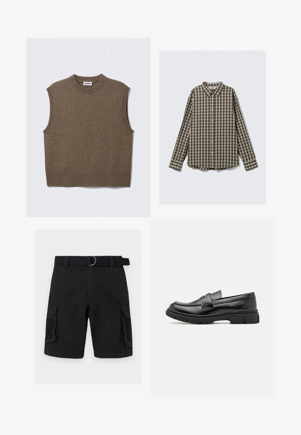 Pull sans manches marron en maille avec un col rond, des bords côtelés et une texture douce ; étiquette indiquant "WEEKDAY".; Chemise à manches longues avec un motif à carreaux dans des tons de bleu foncé, beige et noir, avec un col évasé et un ourlet arrondi.; Short cargo noir avec poches latérales à rabat et panneaux en mesh, équipé d’une ceinture en tissu noire assortie avec une boucle double anneau.; Mocassin en cuir noir avec une large sangle sur le devant, semelle en caoutchouc à épaisse rainure, et texture lisse. Design classique et élégant.