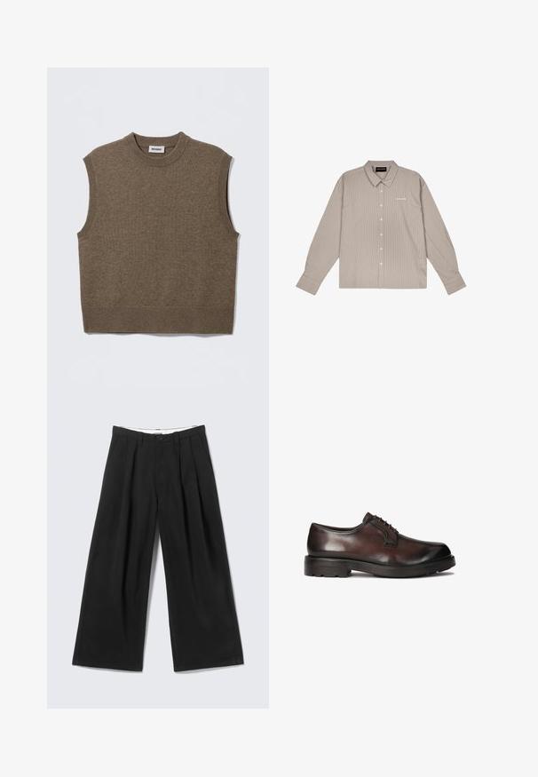 Brun ærmeløs strikket sweater med rund halsudskæring, ribbede kanter og blød tekstur; mærket siger "WEEKDAY".; Betrukket langærmet skjorte i beige og mørkebrun, med knaplukning foran, spidse kraver og manchetter med en diskret logo-detalje.; Sorte bukser med vide ben, læg, bæltestropper og en knaplukning, vist mod en lys grå baggrund.; Brune lædersko til mænd med en glat finish, rund tå og snørebånd. Har en robust sort gummisål med godt greb.