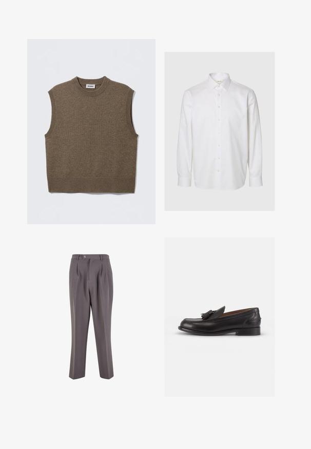 Brun ærmeløs strikket sweater med rund halsudskæring, ribbede kanter og blød tekstur; mærket siger "WEEKDAY".; Hvid langærmet skjorte lavet af bomuld, med klassisk krave, knapper foran og knapper ved manchetterne. Glat tekstur uden synlige mønstre.; Grå plisserede bukser lavet af glat stof, med lige ben-design, en enkelt knaplukning og skrå sidelommer.; Sorte læder loafers med en rund tå, prydet med en dekorativ kvast på forsiden og en lav hæl. Glat tekstur med diskret syning.