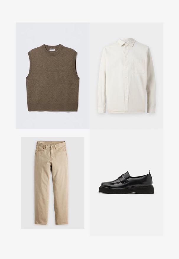 Suéter de punto marrón sin mangas con cuello redondo, bordes acanalados y textura suave; la etiqueta dice "WEEKDAY".; Samsøe Samsøe SADAMON - Camisa - off white; Jeans de mezclilla beige con corte recto, que cuentan con cinco bolsillos, cierre frontal con botón y detalles de costura sutiles. Textura suave, diseño informal.; Zapatos estilo mocasín de cuero negro con suela plana y texturizada, con puntera cosida y una correa a lo largo del empeine.