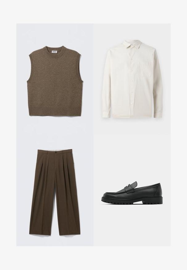 Pull sans manches marron en maille avec un col rond, des bords côtelés et une texture douce ; étiquette indiquant "WEEKDAY".; Samsøe Samsøe SADAMON - Chemise - off white; Pantalon marron à fines rayures avec une coupe à jambes larges, doté de plis à l'avant, d'une fermeture à bouton et d'une texture lisse.; Mocassins en cuir noir à bout arrondi, avec un design cousu, une semelle plateforme basse et une semelle en caoutchouc texturée et crantée.