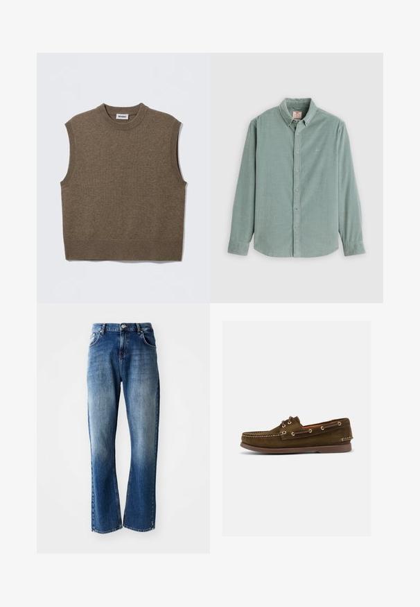 Brun ærmeløs strikket sweater med rund halsudskæring, ribbede kanter og blød tekstur; mærket siger "WEEKDAY".; Langærmet lysegrøn skjorte med knapper, krave og manchetter, fladt vist på hvid baggrund.; Denimbukser med lige ben, lyse og mørkeblå vask med falmning, fem lommer og knaplukning.; Brun sejlersko i ruskind med mokkasintå, snørebånd foran, metaløjer og brun gummisål, vist i sideprofil.