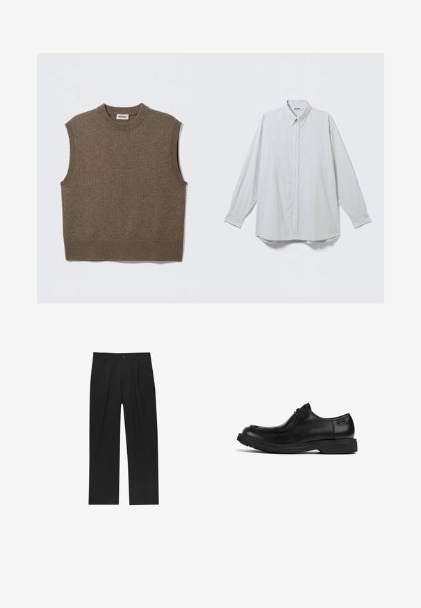 Pull sans manches marron en maille avec un col rond, des bords côtelés et une texture douce ; étiquette indiquant "WEEKDAY".; Chemise blanche à manches longues boutonnée avec fines rayures noires verticales et poche poitrine, présentée à plat sur un fond clair.; Pantalons noirs au design droit, fabriqués à partir d'un tissu lisse. Dotés de plis sur le devant et d'une fermeture à un bouton à la taille.; Chaussure habillée en cuir noir à lacets, avec une semelle épaisse et un orteil arrondi, vue de côté sur fond blanc.