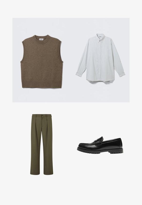 Pull sans manches marron en maille avec un col rond, des bords côtelés et une texture douce ; étiquette indiquant "WEEKDAY".; Chemise blanche à manches longues boutonnée avec fines rayures noires verticales et poche poitrine, présentée à plat sur un fond clair.; Pantalons vert olive avec une coupe ajustée, présentant des plis à l'avant, une fermeture à bouton et des jambes droites. Texture de tissu lisse.; Mocassin en cuir noir avec une semelle en caoutchouc épaisse et un détail classique de bride à monnaie, vu de côté extérieur.