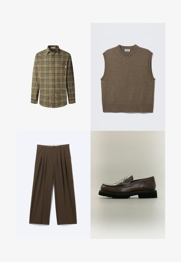 Suéter de punto marrón sin mangas con cuello redondo, bordes acanalados y textura suave; la etiqueta dice "WEEKDAY".; Camisa abotonada en patrón de cuadros en verde y marrón, de mangas largas, con cuello, bolsillo en el pecho, fabricada en un tejido de algodón texturizado y con botones marrones.; Pantalones marrones de pierna ancha con finas rayas verticales, cierre de botón, presillas para cinturón y pliegues delanteros.; Mocasín de cuero marrón con suela gruesa de goma negra, tacón bajo y una correa en la parte superior, mostrado de lado sobre un fondo neutro.