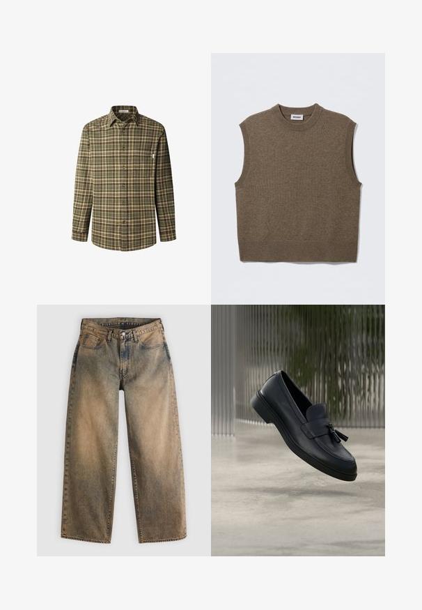 Bruine mouwloze gebreide trui met een ronde halslijn, geribbelde randen en een zachte textuur; het label draagt de tekst "WEEKDAY."; Knoopshirt in een groene en bruine ruitpatroon, lange mouwen, kraag, borstzak, gemaakt van een gestructureerde katoen stof met bruine knopen.; Wijde spijkerbroek in een vervaagde bruine kleur met een lichte wassing. Voorzien van traditioneel ontwerp met vijf zakken en zichtbare stiksel-details.; Zwarte leren loafers met een gladde textuur, een afgeronde neus en decoratieve kwastjes aan de voorkant. Flexibele rubberen zool met lage hak.