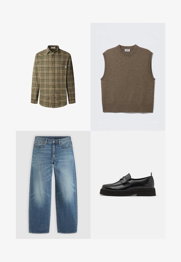 Brun ærmeløs strikket sweater med rund halsudskæring, ribbede kanter og blød tekstur; mærket siger "WEEKDAY".; Knappet skjorte i grønt og brunt ternet mønster, lange ærmer, krave, brystlomme, lavet af tekstureret bomuldsstof med brune knapper.; Blå denimjeans med lige ben, forreste knap og lynlås samt styling med fem lommer.; Sorte læder loafersko i stil med flad, tekstureret sål, med en syet tå og en rem over vristen.