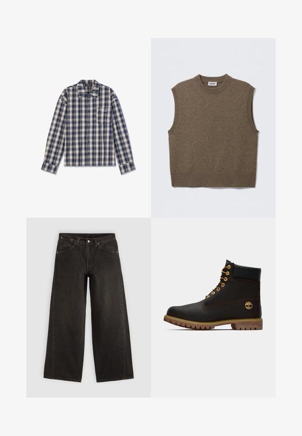 Suéter de punto marrón sin mangas con cuello redondo, bordes acanalados y textura suave; la etiqueta dice "WEEKDAY".; Camisa de manga larga a cuadros en azul marino y crema, con cierre de botones en la parte delantera, cuello, y un pequeño bolsillo en el pecho con texto blanco.; Vaqueros negros de pierna ancha con bolsillos delanteros, cierre de botones y trabillas para cinturón, mostrados planos sobre un fondo claro.; Bota de cuero negro de tobillo con ojales dorados, acentos marrones y suela de goma. Presenta un cuello acolchado y un logotipo en relieve en el costado.