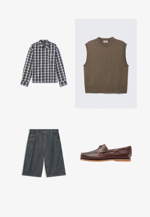 Brun ærmeløs strikket sweater med rund halsudskæring, ribbede kanter og blød tekstur; mærket siger "WEEKDAY".; Langærmet ternet skjorte i marineblå og crème med knaplukning foran, krave og en lille brystlomme med hvid tekst.; Mørkegrå denim knælange shorts med knap foran, bæltestropper, to forlommer og synlige hvide syninger.; Brun læder bådsko med hvide sømme, snøre detaljer og lysbrun gummisål, vist fra siden på hvid baggrund.