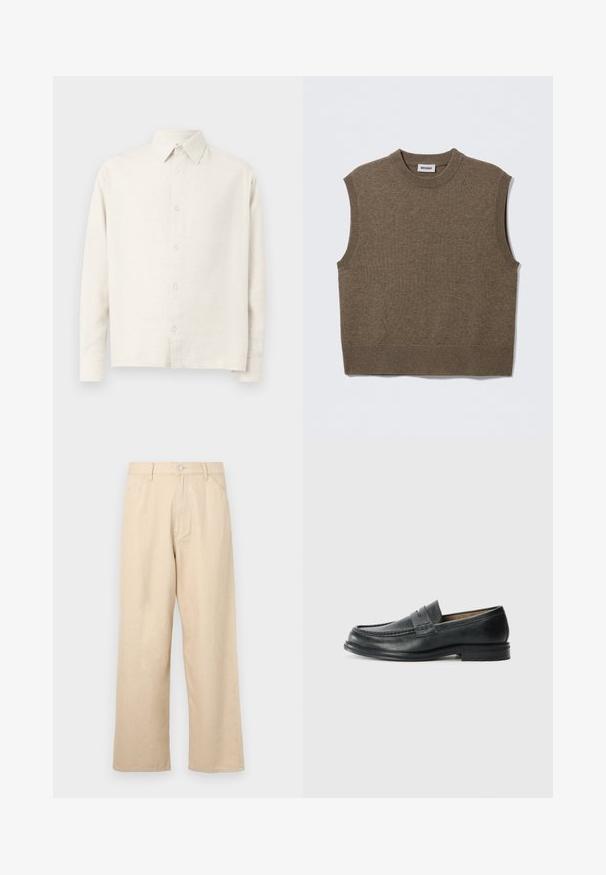 Brun ærmeløs strikket sweater med rund halsudskæring, ribbede kanter og blød tekstur; mærket siger "WEEKDAY".; Lys beige langærmet skjorte lavet af struktureret stof. Har en krave og knaplukning foran samt en ligefrem kant.; Beige bredde benbukser lavet af denim med en tekstureret finish, der har en frontlukning med knap og klassisk femlomme-design.; Sorte læder loafers med et klassisk design, der har en syet detalje ved tåen og en lav, tekstureret gummisål.