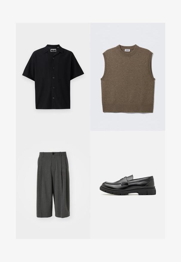 Suéter de punto marrón sin mangas con cuello redondo, bordes acanalados y textura suave; la etiqueta dice "WEEKDAY".; Camisa negra de manga corta con botones, con un diseño texturizado de canalé, que presenta un cuello y cinco botones en la parte delantera, hecha de un tejido suave.; Pantalones cortos de pierna ancha a rayas grises con cierre de botón y parte delantera plisada. Hechos de una tela texturizada, con un diseño a medida.; Mocasin de cuero negro con una cinta ancha en el empeine, suela de goma con tacos gruesos y textura suave. Diseño clásico y elegante.