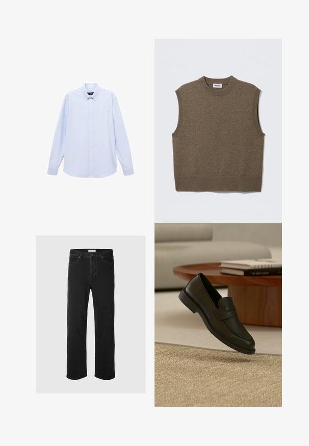 Brun ærmeløs strikket sweater med rund halsudskæring, ribbede kanter og blød tekstur; mærket siger "WEEKDAY".; Lyseblå langærmet skjorte med knapper og klassisk krave, lige bund og subtil tekstur. Har en central knaplukning.; Sorte denim straight-leg jeans har et klassisk fem-lomme design med knaplukning, minimal syning og en blød tekstur.; Sort læderloafer vist i luften over en beige vævet tæppe, med et træbord og stablede bøger i et blødt oplyst stue.