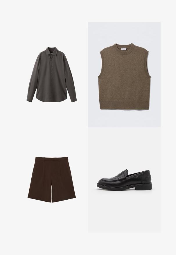 Pull sans manches marron en maille avec un col rond, des bords côtelés et une texture douce ; étiquette indiquant "WEEKDAY".; Chemise à manches longues gris foncé avec un devant à boutons, un col classique et un tissu texturé. Présente une coupe décontractée et un motif subtil.; Shorts marron foncé coupés au genou, cintrés avec passants de ceinture et plis sur le devant, présentés à plat sur fond blanc.; Mocassins en cuir noir avec un bout arrondi, des coutures ton sur ton et un détail de sangle à l'avant. Semelle en caoutchouc avec un petit talon.