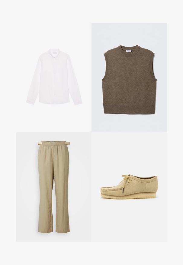Pull sans manches marron en maille avec un col rond, des bords côtelés et une texture douce ; étiquette indiquant "WEEKDAY".; Chemise blanche à manches longues, en coton. Présente un col classique, des boutons sur le devant et une texture lisse sans motifs visibles.; Pantalons beige à jambes larges en tissu léger. Taille élastique avec cordon de serrage. Comprend des poches avant et des jambes droites.; Chaussure en daim beige avec un design à lacets, des détails cousus et une semelle en caoutchouc. La forme est décontractée avec un léger talon compensé.