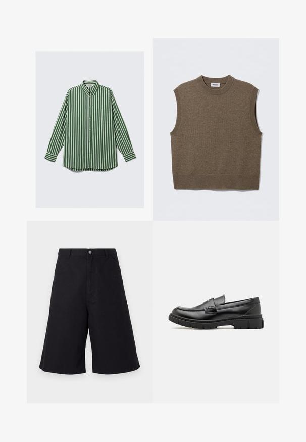 Brun ærmeløs strikket sweater med rund halsudskæring, ribbede kanter og blød tekstur; mærket siger "WEEKDAY".; Herre langærmet skjorte med knapper i lodrett grønne, hvide og brune striber, en forreste brystlomme og en krave, der kan knappes.; Sorte bomuldsbukser med lige snit, der har forlommer, knaplukning og en tekstur, der er velegnet til afslappet brug.; Sort læder loafersko med en bred rem over forfoden, gummisål med tykke mønstre og glat overflade. Klassisk, slankt design.