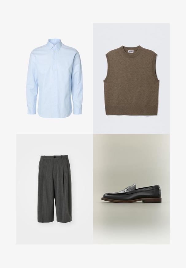 Suéter de punto marrón sin mangas con cuello redondo, bordes acanalados y textura suave; la etiqueta dice "WEEKDAY".; Camisa de hombre de manga larga en azul claro con cierre de botones y cuello estándar sobre fondo blanco.; Pantalones cortos de pierna ancha a rayas grises con cierre de botón y parte delantera plisada. Hechos de una tela texturizada, con un diseño a medida.; Mocasín penny de cuero negro con suela marrón y tacón bajo, mostrado de lado sobre un fondo neutro.