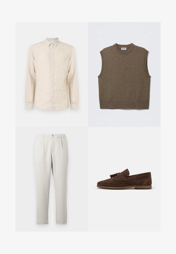 Suéter de punto marrón sin mangas con cuello redondo, bordes acanalados y textura suave; la etiqueta dice "WEEKDAY".; Camisa de manga larga beige hecha de tela texturizada, con un cuello clásico, cierre de botones y un corte relajado.; Pantalones de corte relajado en beige claro con un ligero brillo, que cuentan con una cintura elástica, bolsillos frontales y un diseño de pierna estrechada.; Mocasines de ante marrón con detalles trenzados a lo largo de la suela, que cuentan con un borlas decorativas y un tacón de goma plano. Diseño simple y elegante.