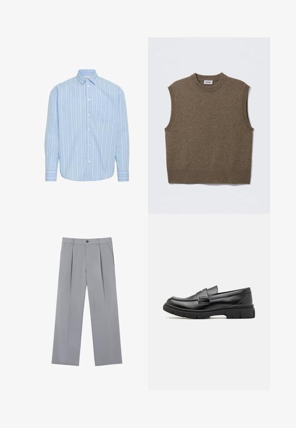 Brun ærmeløs strikket sweater med rund halsudskæring, ribbede kanter og blød tekstur; mærket siger "WEEKDAY".; Lyseblå skjorte med knapper, prydet med lodrette hvide striber, en enkelt brystlomme og lange ærmer med knapmanchetter.; Grå plisserede bukser med en afslappet pasform, lavet af et letvægtsstof. Har forlommer og en knaplukning i taljen.; Sort læder loafersko med en bred rem over forfoden, gummisål med tykke mønstre og glat overflade. Klassisk, slankt design.