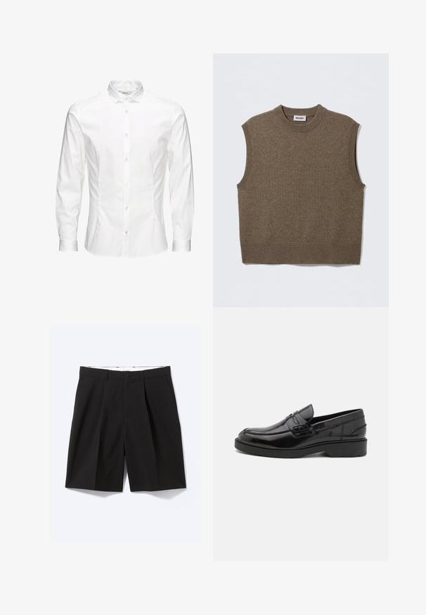 Pull sans manches marron en maille avec un col rond, des bords côtelés et une texture douce ; étiquette indiquant "WEEKDAY".; Chemise blanche à manches longues avec boutons, fabriquée dans un tissu lisse. Dotée d'un col classique, de boutons sur le devant et de poignets à un bouton. Design ajusté.; Shorts noirs sur mesure longueur genou avec passants de ceinture, poches latérales, fermeture par boutons et plis devant, posés à plat sur fond blanc.; Mocassins en cuir noir avec une finition lisse, un bout rond, un petit talon et descoutures décoratives à l'avant. Semelle en caoutchouc pour l'adhérence.