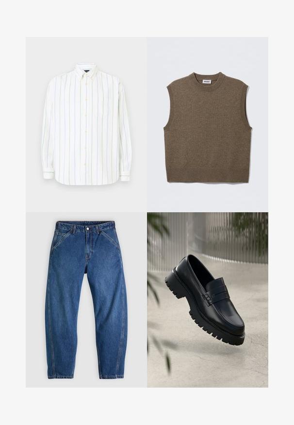Suéter de punto marrón sin mangas con cuello redondo, bordes acanalados y textura suave; la etiqueta dice "WEEKDAY".; Camisa blanca de manga larga con rayas verticales en verde claro y azul, con botones en el frente, cuello puntiagudo y un solo bolsillo en el pecho.; Vaqueros de mezclilla azul con un ajuste holgado, cuentan con cierre de botones, cinco bolsillos y costuras en contraste de color naranja. Textura suave en toda la prenda.; Mocasines de cuero negro con suela gruesa, que presentan una correa decorativa y detalles de costura. Textura suave con un acabado pulido.