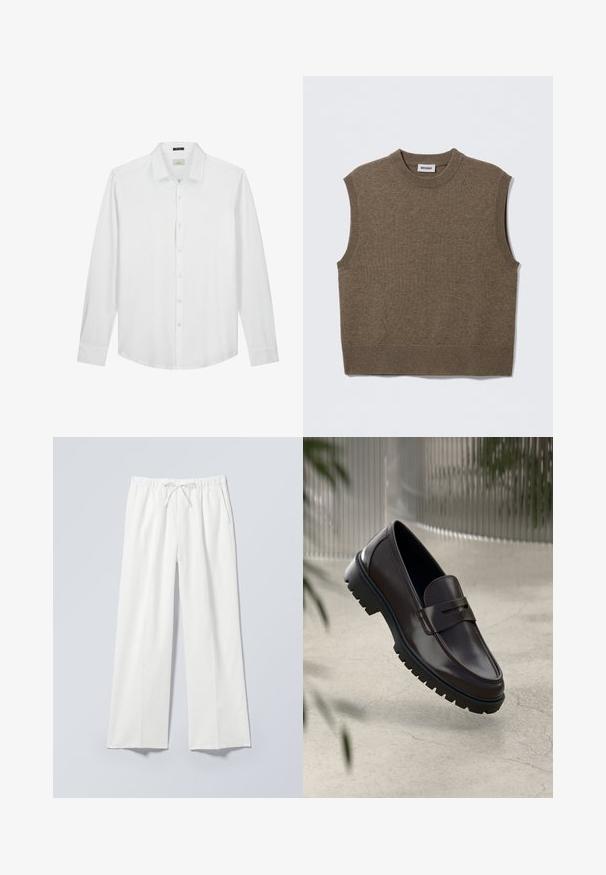Brun ærmeløs strikket sweater med rund halsudskæring, ribbede kanter og blød tekstur; mærket siger "WEEKDAY".; Hvid langærmet skjorte, knapned krave, blød tekstur, glat stof, diskret logo på brystet og klassisk pasform med buet kant.; Hvide bukser med vide ben, elastik i taljen og snor, med sidelommer og et blødt, let tekstureret stof.; Brune læder loafers med en tekstureret, rippet gummisål. Har et slankt design og et dekorativt bånd over vristen.