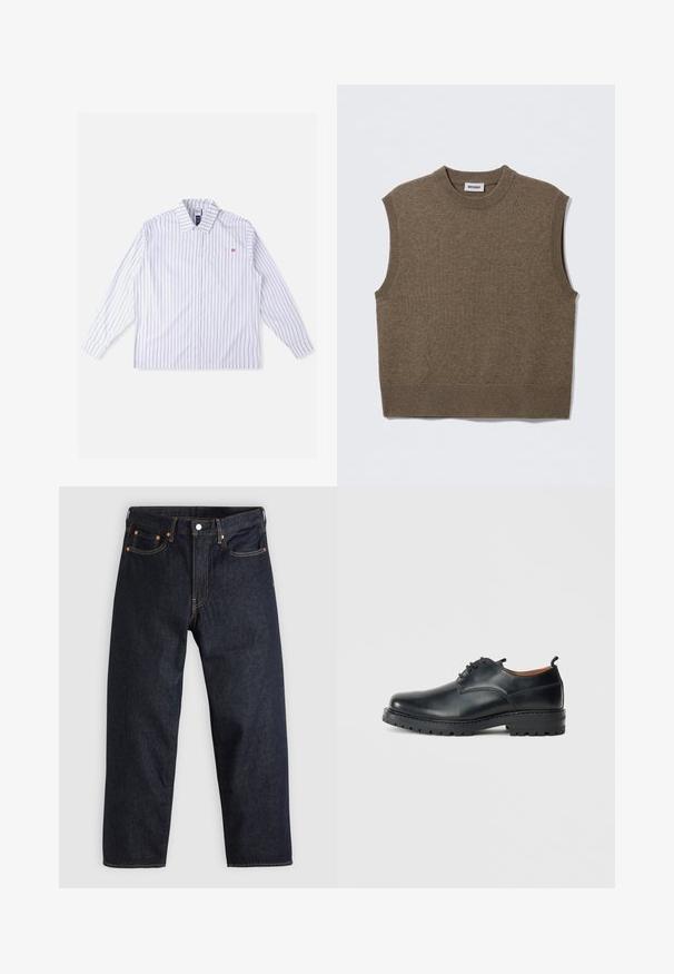 Suéter de punto marrón sin mangas con cuello redondo, bordes acanalados y textura suave; la etiqueta dice "WEEKDAY".; Camisa blanca de manga larga con rayas verticales azules, cierre de botones en la parte delantera, cuello, bolsillo en el pecho izquierdo y detalle de logo rojo. Tela suave y tejida.; Jeans de denim azul oscuro con corte recto, cinco bolsillos, costuras en naranja contrastante y cierre de botón. Sin patrones ni adornos visibles.; Zapatos derby de cuero negro con una textura suave, punta redondeada, diseño de cordones y una suela de goma gruesa y resistente.