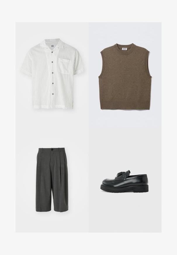 Brun ærmeløs strikket sweater med rund halsudskæring, ribbede kanter og blød tekstur; mærket siger "WEEKDAY".; Kortærmet skjorte med knap i hvid med tynde lodrette sorte striber, brystlomme og grå knapper; letvægtsstof med glat tekstur.; Grå stribede shorts med vid benvidde, knaplukning og plisseret forside. Fremstillet af et tekstureret materiale, der har et skræddersyet design.; Sort læderloafer med kvaster, tyk gummisål og lav hæl, vist i sideprofil på en ensfarvet baggrund.