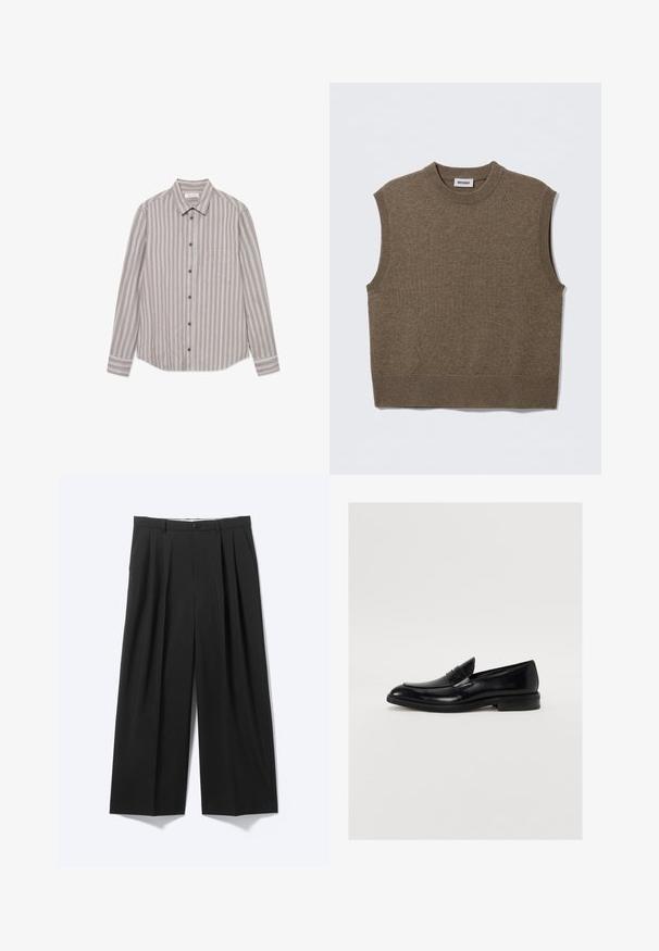 Brun ærmeløs strikket sweater med rund halsudskæring, ribbede kanter og blød tekstur; mærket siger "WEEKDAY".; Stribet langærmet skjorte i beige og grå nuancer, lavet af et tekstureret stof. Har en klassisk krave, knaplukning foran og en brystlomme.; Sorte bukser med vide ben, forplisser, bæltestropper og knaplukning vist på en ensartet lys baggrund.; Sorte læder loafers med rund tå, subtil syning og en glat overflade. Har en lav stablet hæl og en strop over vamsen.