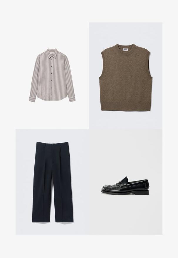 Pull sans manches marron en maille avec un col rond, des bords côtelés et une texture douce ; étiquette indiquant "WEEKDAY".; Chemise à rayures à manches longues dans des tons beiges et gris, fabriquée en tissu texturé. Elle présente un col classique, une fermeture à boutons à l'avant et une poche poitrine.; Pantalon bleu marine foncé en tissu lisse, avec une coupe ajustée, deux poches avant et une fermeture par bouton.; Hereu NOMBELA - Chaussons - black