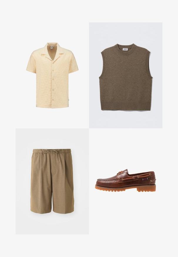 Suéter de punto marrón sin mangas con cuello redondo, bordes acanalados y textura suave; la etiqueta dice "WEEKDAY".; Camisa de manga corta en tela amarilla clara texturizada, con un patrón geométrico, cuello con muesca y cinco botones en la parte delantera.; Pantalones cortos marrones con pliegues, cintura elástica y cordón ajustable. Fabricados con un tejido suave y ligero con perneras rectas.; Zapato de barco de cuero marrón con suela de goma, ojales para cordones y parte superior cosida, con un patrón elevado y texturizado en la puntera.