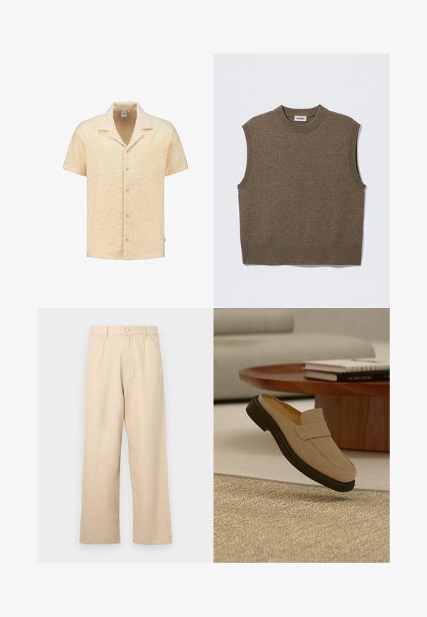 Suéter de punto marrón sin mangas con cuello redondo, bordes acanalados y textura suave; la etiqueta dice "WEEKDAY".; Camisa de manga corta en tela amarilla clara texturizada, con un patrón geométrico, cuello con muesca y cinco botones en la parte delantera.; Pantalones de mezcla de denim beige de pierna ancha con un acabado texturizado, que cuentan con un cierre frontal de botones y un diseño clásico de cinco bolsillos.; Mocasín de ante beige con suela negra colocado sobre una alfombra texturizada color cuero, con una mesa de café redonda de madera y libros al fondo.