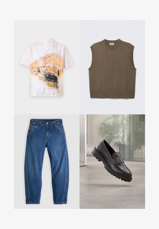 Suéter de punto marrón sin mangas con cuello redondo, bordes acanalados y textura suave; la etiqueta dice "WEEKDAY".; Camisa de botón de manga corta con un estampado abstracto en acuarela en suaves tonos blancos, naranjas y negros; hecha de una tela ligera.; Vaqueros de mezclilla azul con un ajuste holgado, cuentan con cierre de botones, cinco bolsillos y costuras en contraste de color naranja. Textura suave en toda la prenda.; Zapato de cuero marrón tipo mocasín con punta redondeada y suela de goma negra resistente. Presenta una correa decorativa sobre el empeine.