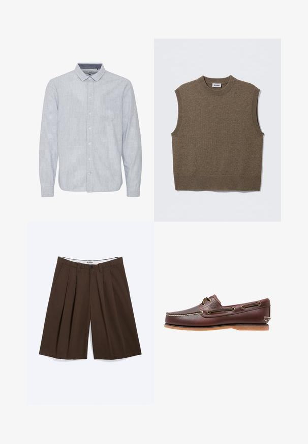 Pull sans manches marron en maille avec un col rond, des bords côtelés et une texture douce ; étiquette indiquant "WEEKDAY".; Chemise bleu clair à manches longues avec des rayures verticales blanches, col, poche poitrine simple et option de manches retroussées. Tissu en coton.; Shorts marron plissés longueur genou avec poches latérales, passants pour ceinture et fermeture par bouton, étiquetés « WEEKDAY » sur la ceinture intérieure.; Chaussure bateau en cuir marron avec coutures blanches, détails de lacets et semelle en caoutchouc beige, vue de côté sur fond blanc.