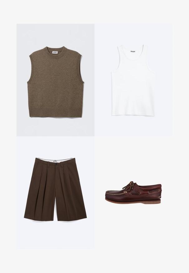 Suéter de punto marrón sin mangas con cuello redondo, bordes acanalados y textura suave; la etiqueta dice "WEEKDAY".; Camiseta sin mangas blanca con cuello redondo y etiqueta de la marca Weekday en el interior del cuello trasero, mostrada plana sobre un fondo claro.; Pantalones cortos marrones plisados hasta la rodilla con bolsillos laterales, trabillas para cinturón y cierre de botón, etiquetados con "WEEKDAY" en la cinturilla interior.; Zapato de barco de cuero marrón con puntera redondeada, costuras en contraste, diseño con cordones y suela de goma para agarre. Logotipo de Timberland visible.